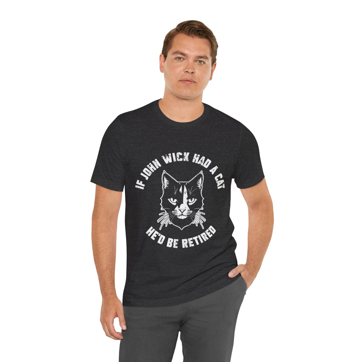 If John had a cat over a puppy in white print Unisex Jersey Short Sleeve Tee